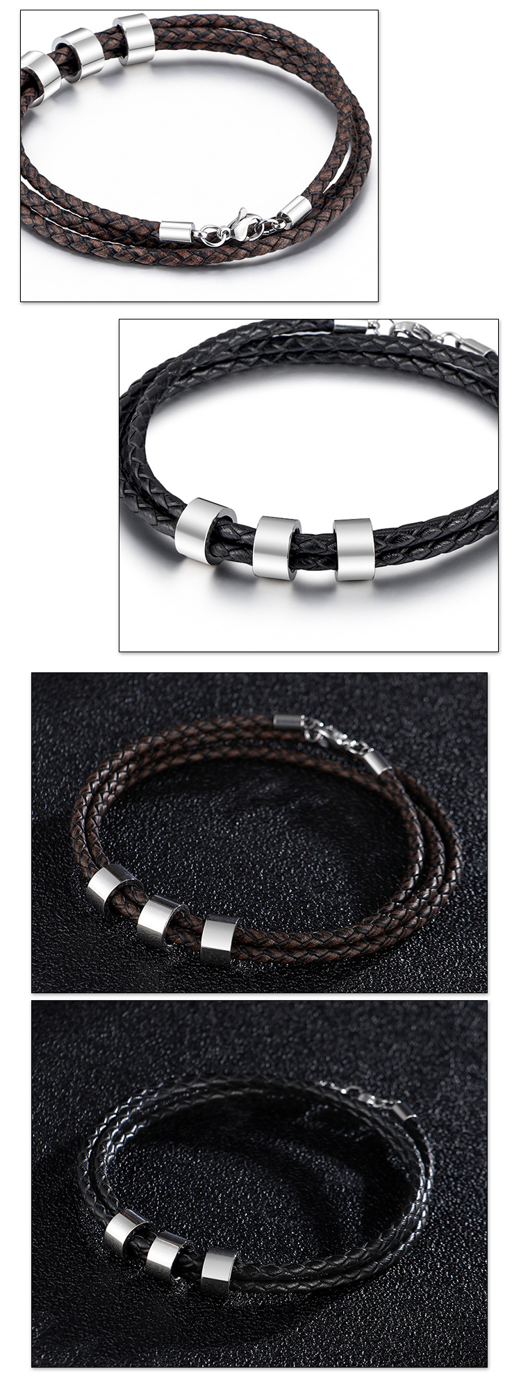 European and American Men's Braided Multi-layer Stainless Steel Leather Bracelet Men's Titanium Steel Beads DIY Letter B