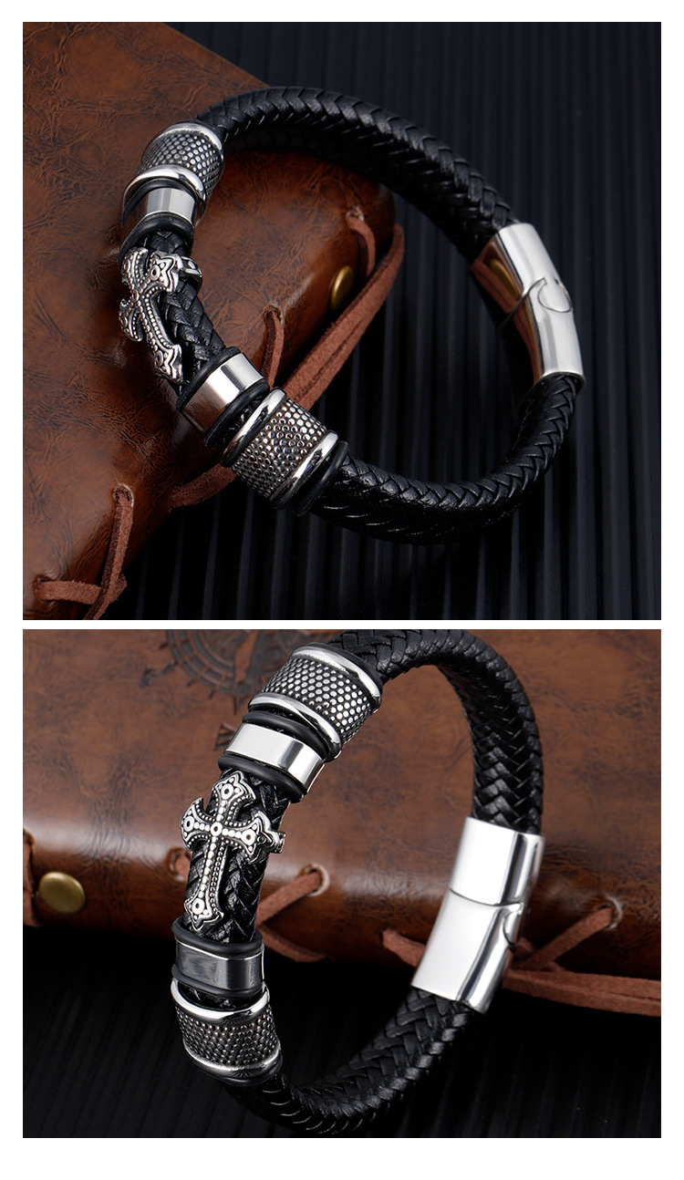 Amazon Hot Sale Simple Leather Braided Stainless Steel Cross Men's Bracelet Fashion Popular Titanium Steel Bracelet Jewe