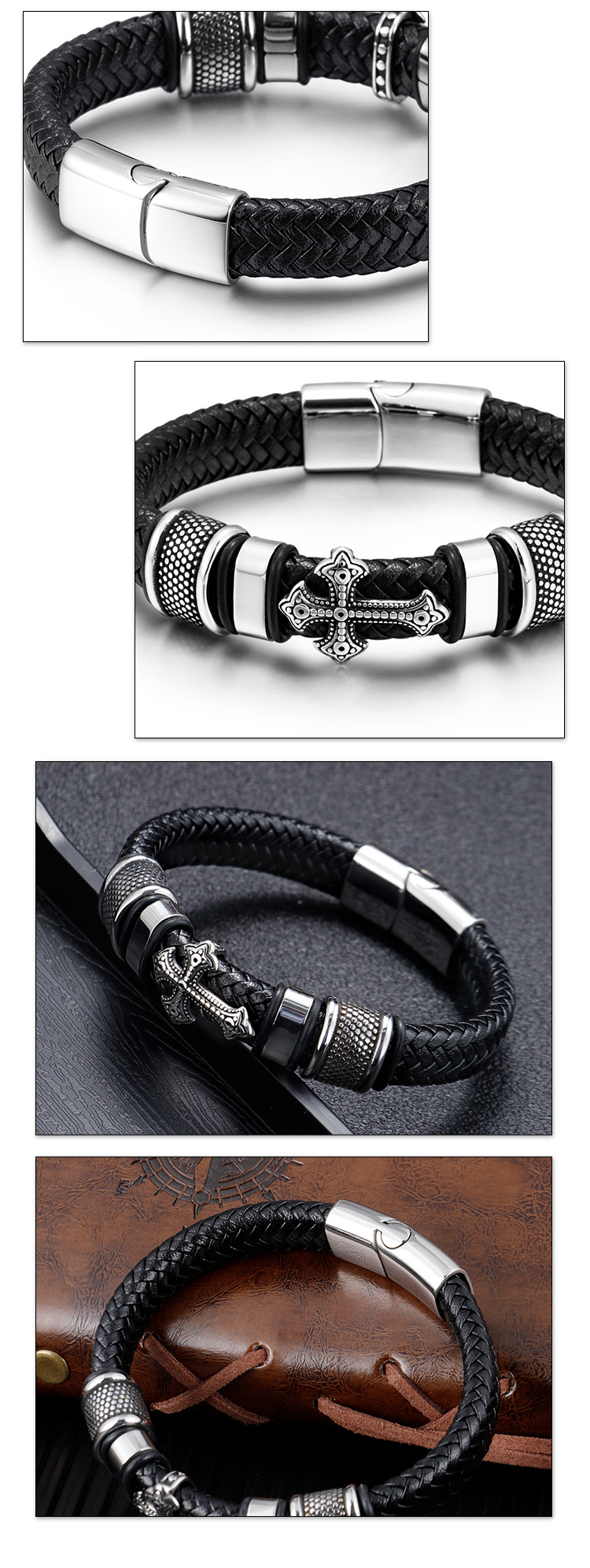 Amazon Hot Sale Simple Leather Braided Stainless Steel Cross Men's Bracelet Fashion Popular Titanium Steel Bracelet Jewe