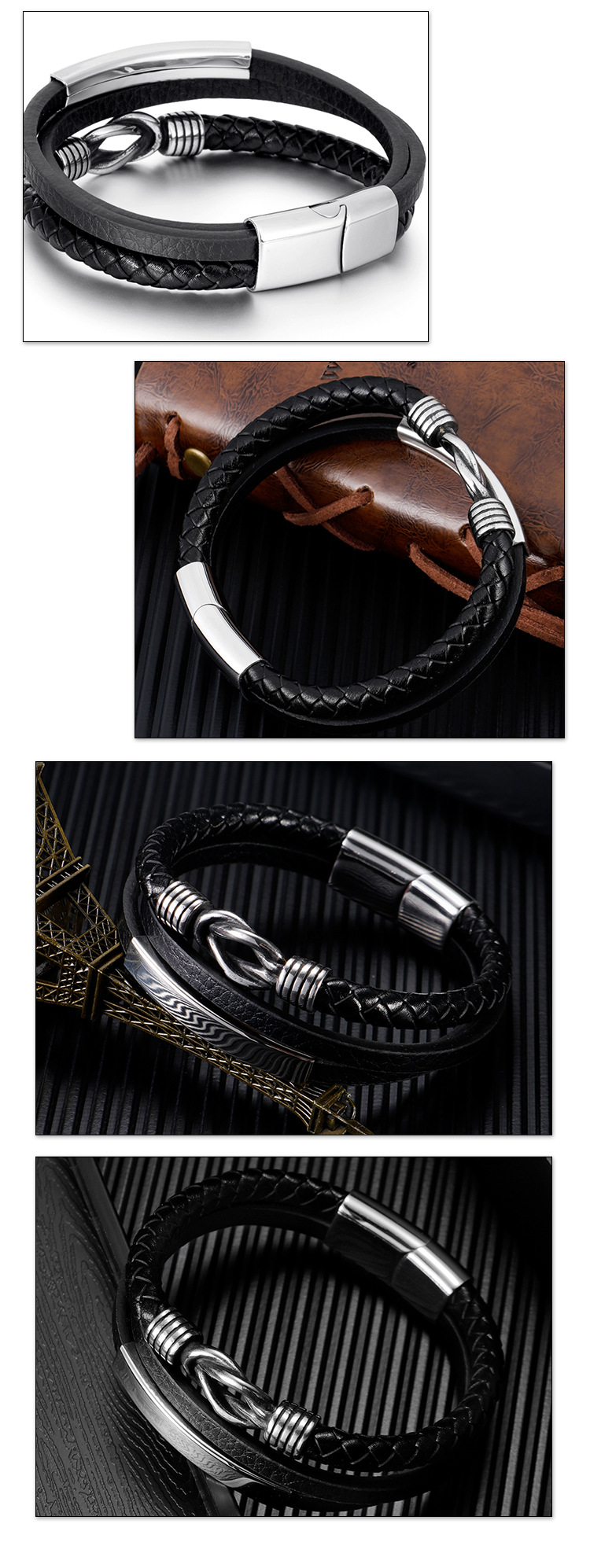 ZG Hot Selling Multi-layer Braided Stainless Steel Men's Genuine Leather Bracelet Fashion Titanium Steel Magnet Buckle B