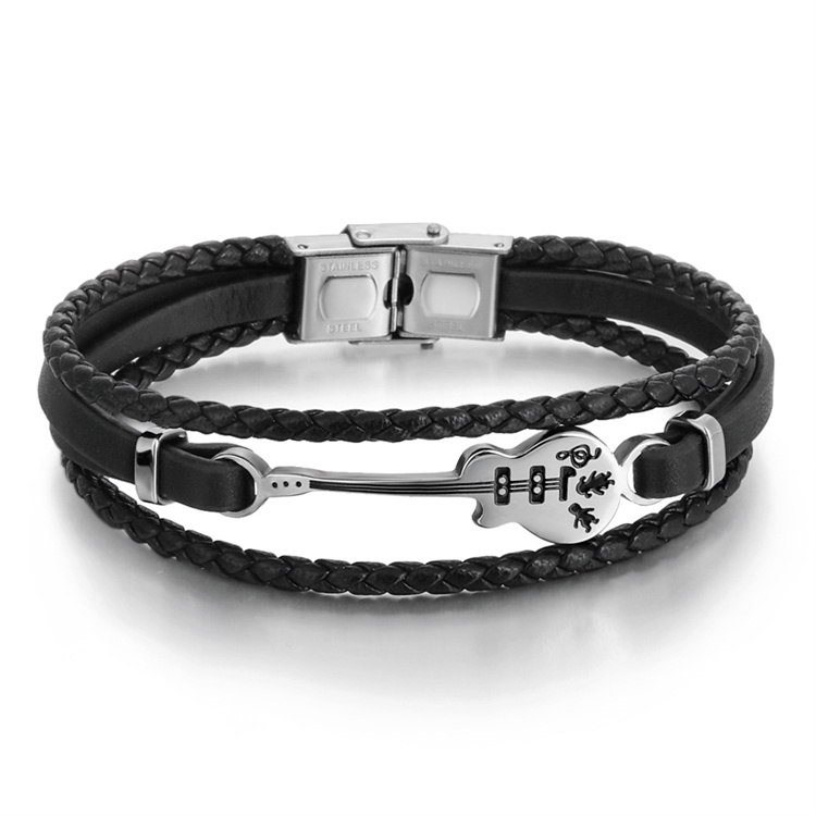 ZG Amazon Hot Selling Punk Men's Leather Bracelet Men's Guitar Bracelet Multilayer Braided Bracelet Leather Cord