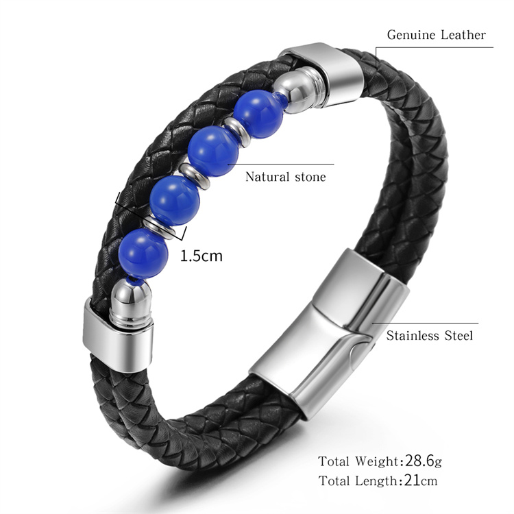 ZG Fashion Braided Double Layer Ball Stone Leather Rope Stainless Steel Magnetic Buckle Men's Bracelet