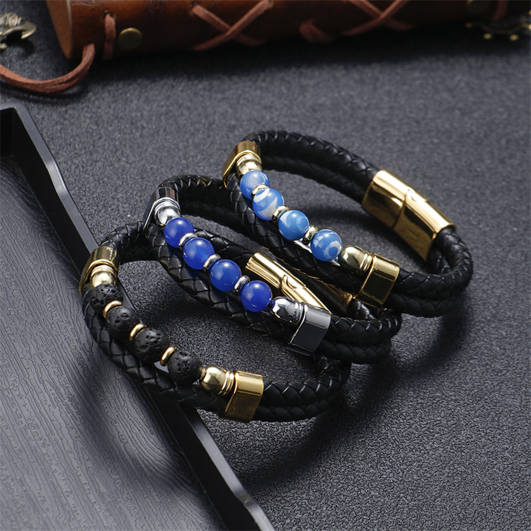 ZG Fashion Braided Double Layer Ball Stone Leather Rope Stainless Steel Magnetic Buckle Men's Bracelet