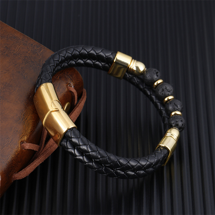 ZG Fashion Braided Double Layer Ball Stone Leather Rope Stainless Steel Magnetic Buckle Men's Bracelet