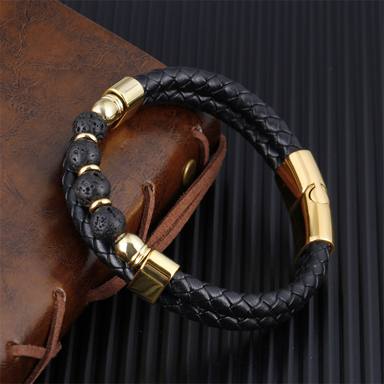 ZG Fashion Braided Double Layer Ball Stone Leather Rope Stainless Steel Magnetic Buckle Men's Bracelet