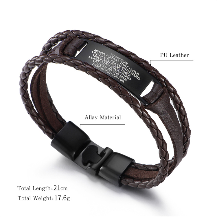 DIY creative multi-layer woven Pu black glossy engraved men's Bracelet