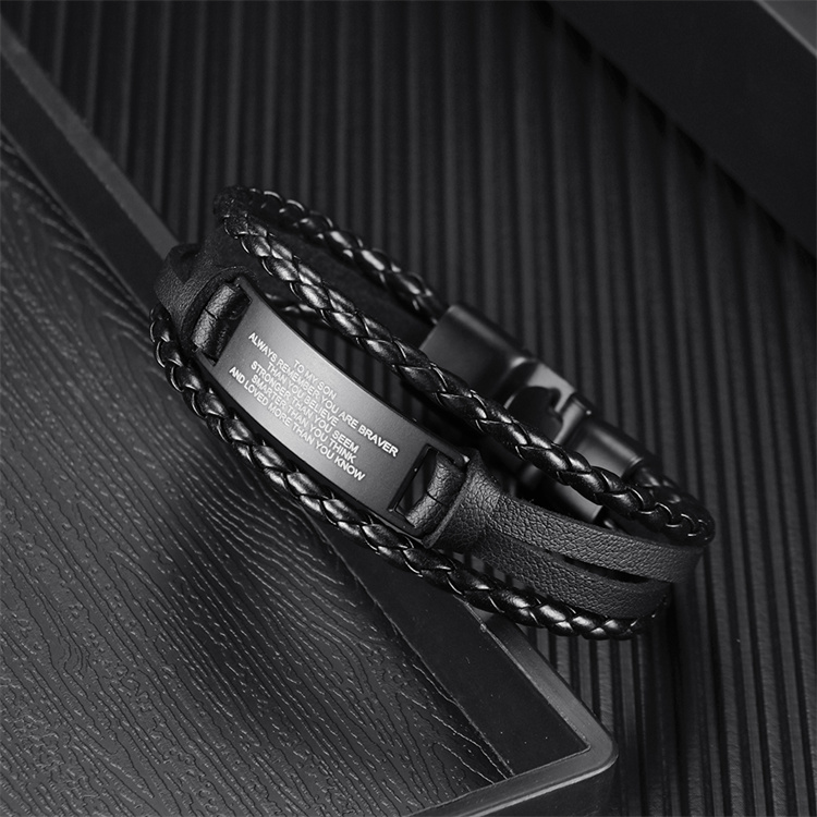 DIY creative multi-layer woven Pu black glossy engraved men's Bracelet