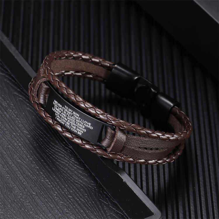 DIY creative multi-layer woven Pu black glossy engraved men's Bracelet