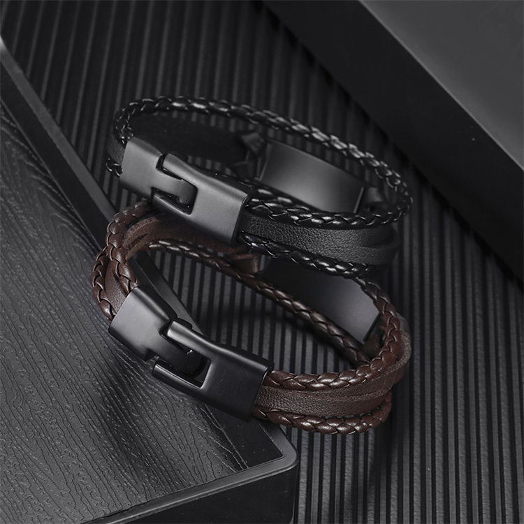 DIY creative multi-layer woven Pu black glossy engraved men's Bracelet