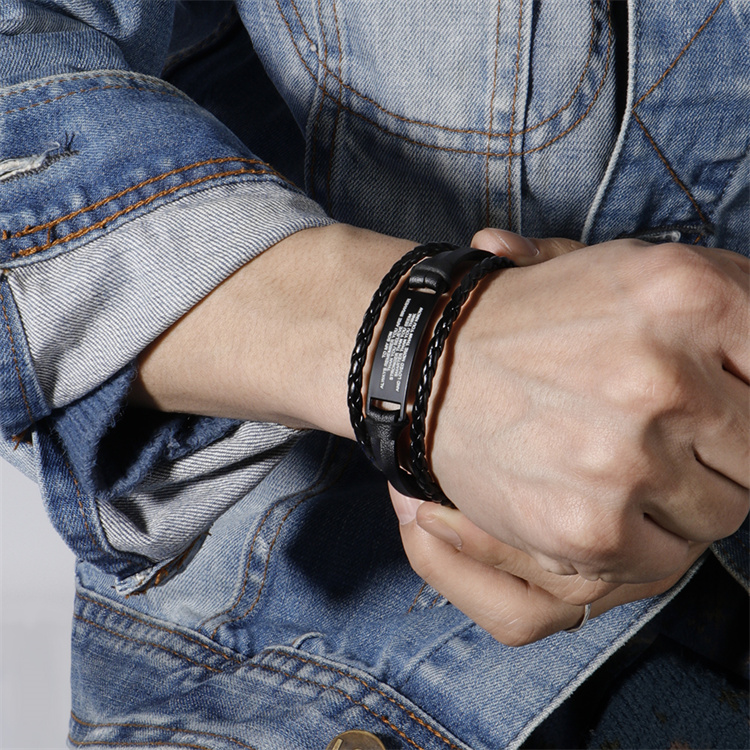 DIY creative multi-layer woven Pu black glossy engraved men's Bracelet