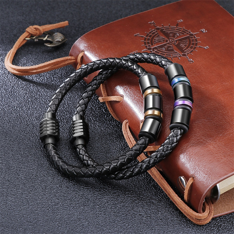 Men's Bracelet Stainless Steel Woven Leather Custom Jewelry Wholesale