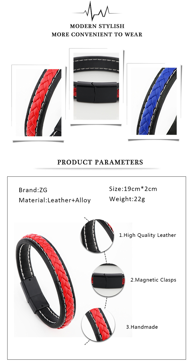 Trendy Jewelry Black Red Braid Leather Stainless Steel Men Bracelet Gift Box