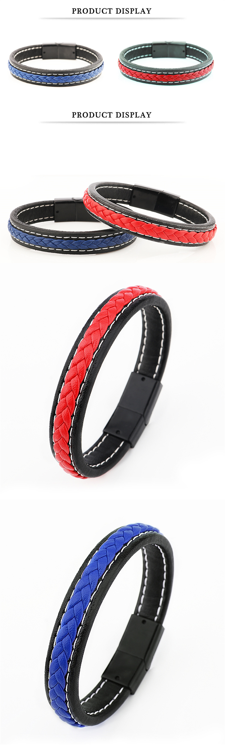 Trendy Jewelry Black Red Braid Leather Stainless Steel Men Bracelet Gift Box