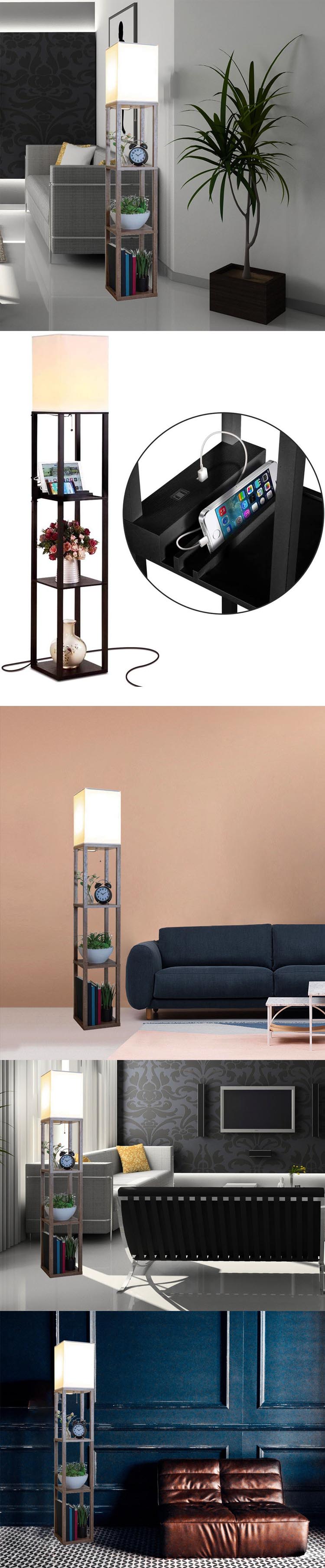 wireless charger indoor room corner Wood Light standing living Room lamp flooring bedside Shelf Wooden Floor Lamp