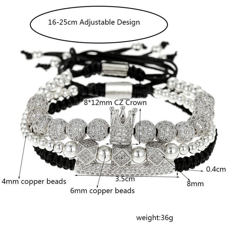 ZG Mens Bracelet 2021 CZ Micro Pave Ball Crown Braided Beaded Adjustable Stainless Steel Hand Bracelet Charm Bracelets J