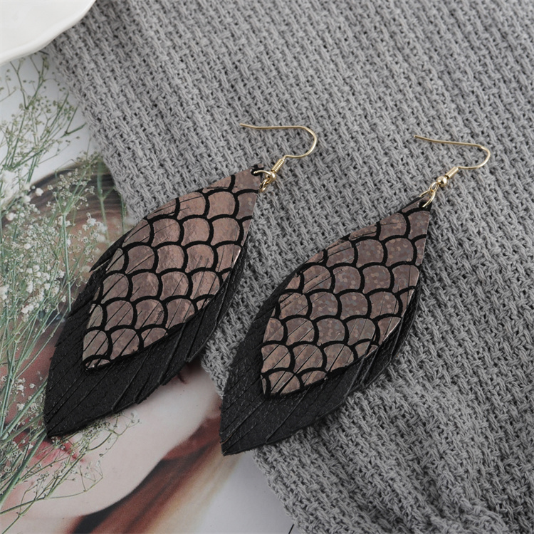 ZG manufacturer handmade leather fashion double-layer leather cowhide earrings