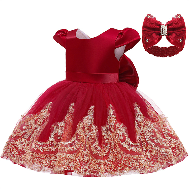 LZH Toddler Baby Clothing Girl Bowknot Lace Princess Christmas Dresses with Headwear Baby 1 Year Birthday Dress