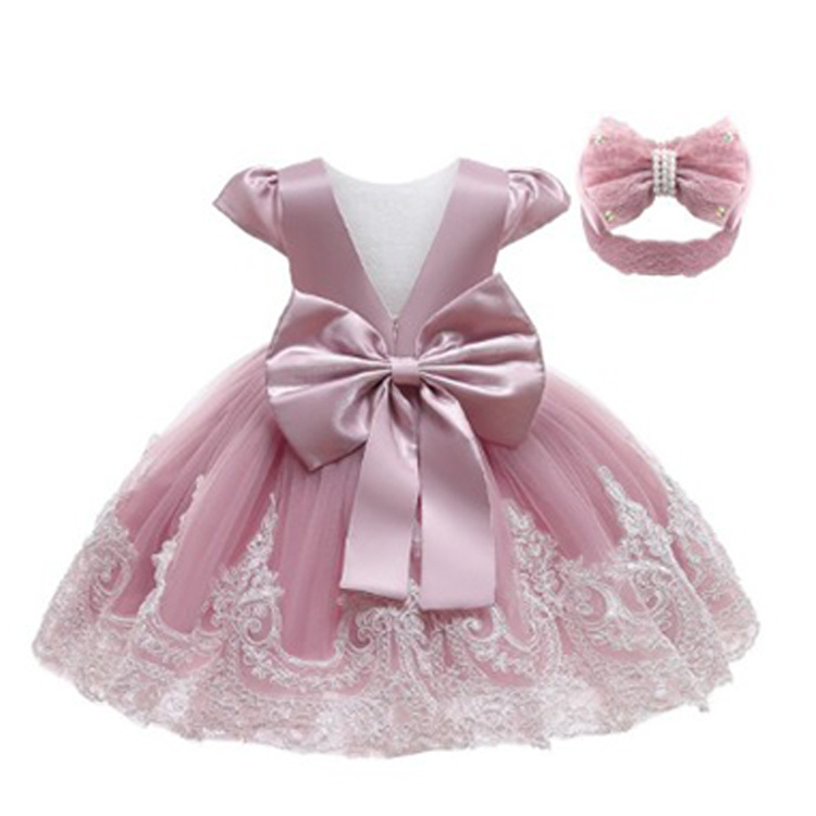 LZH Toddler Baby Clothing Girl Bowknot Lace Princess Christmas Dresses with Headwear Baby 1 Year Birthday Dress