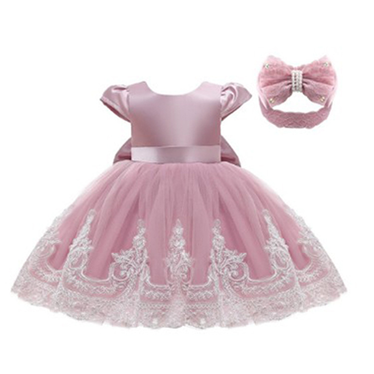 LZH Toddler Baby Clothing Girl Bowknot Lace Princess Christmas Dresses with Headwear Baby 1 Year Birthday Dress