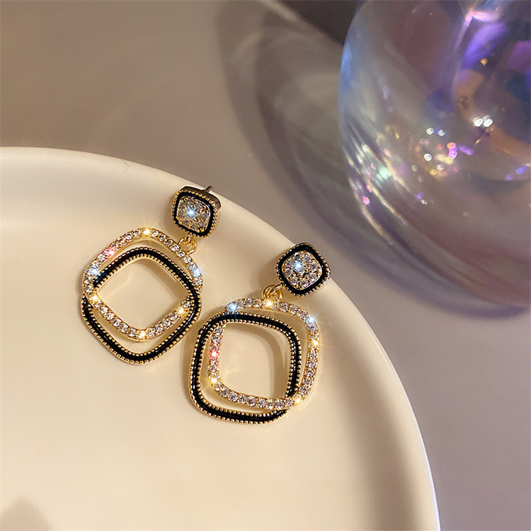 Silver Post Fashion Earrings Diamond Pendant Geometric Square Earrings