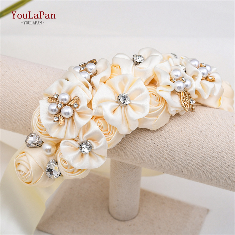 YouLaPan S497 Pretty Girls Dress Belt Champagne Silk Flowers Maternity Dress Flower Girl Belt Wedding Bridal Belt