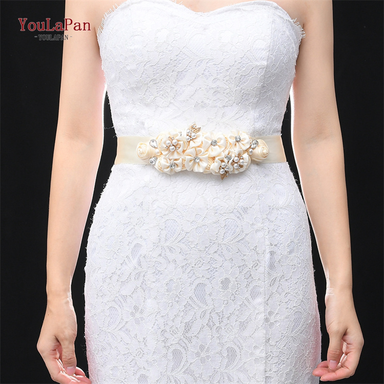 YouLaPan S497 Pretty Girls Dress Belt Champagne Silk Flowers Maternity Dress Flower Girl Belt Wedding Bridal Belt