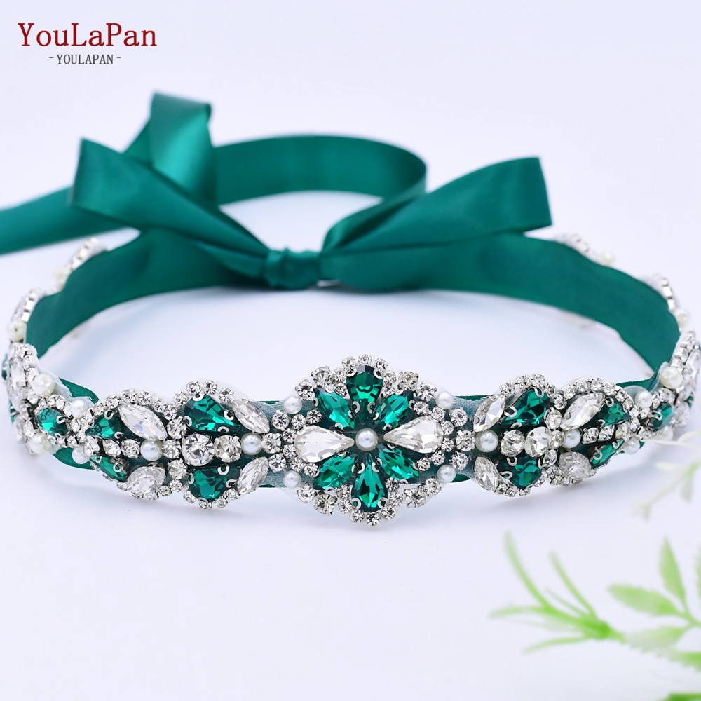 YouLaPan S39 Gorgeous Green Glass Rhinestone Belt Ladies Row Party Prom Wedding Waist Accessory Bridal Belt