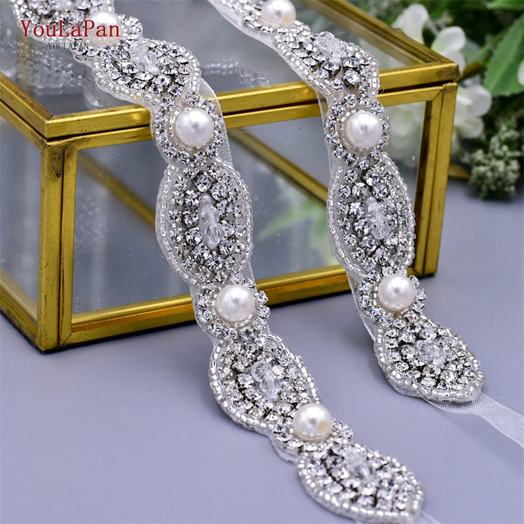 YouLaPan S435 Pop Chain Ladies Dress Sash Silver Rhinestone Pearl Applique Wedding Party Bridal Belt