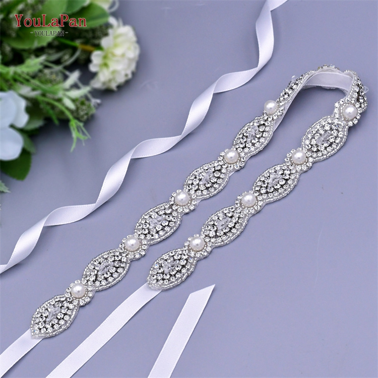 YouLaPan S435 Pop Chain Ladies Dress Sash Silver Rhinestone Pearl Applique Wedding Party Bridal Belt