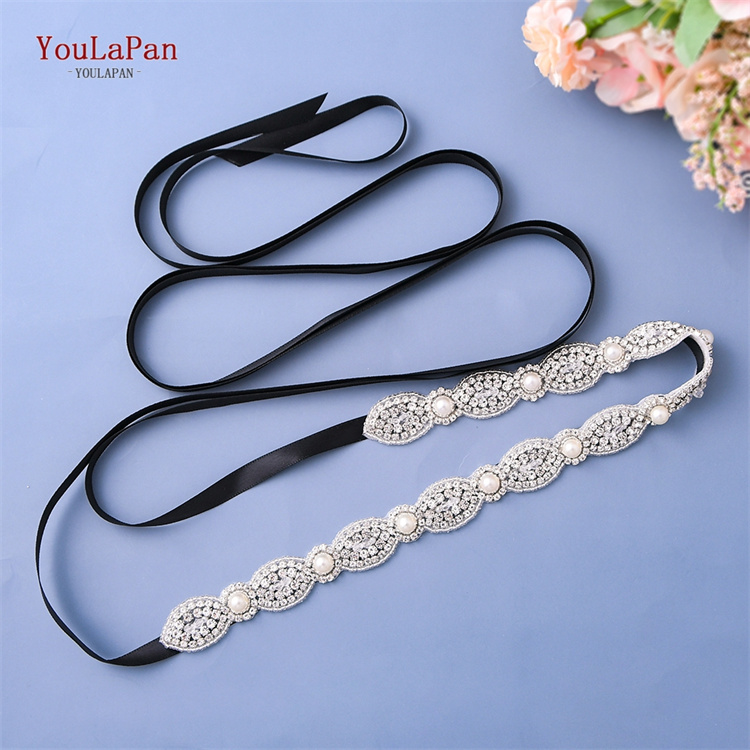 YouLaPan S435 Pop Chain Ladies Dress Sash Silver Rhinestone Pearl Applique Wedding Party Bridal Belt