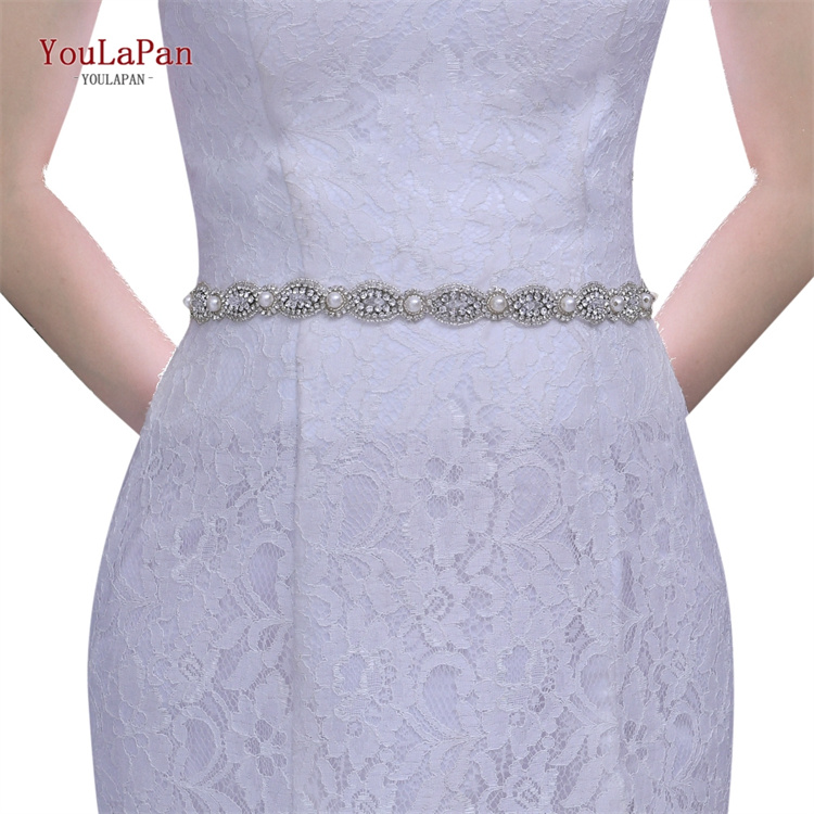 YouLaPan S435 Pop Chain Ladies Dress Sash Silver Rhinestone Pearl Applique Wedding Party Bridal Belt