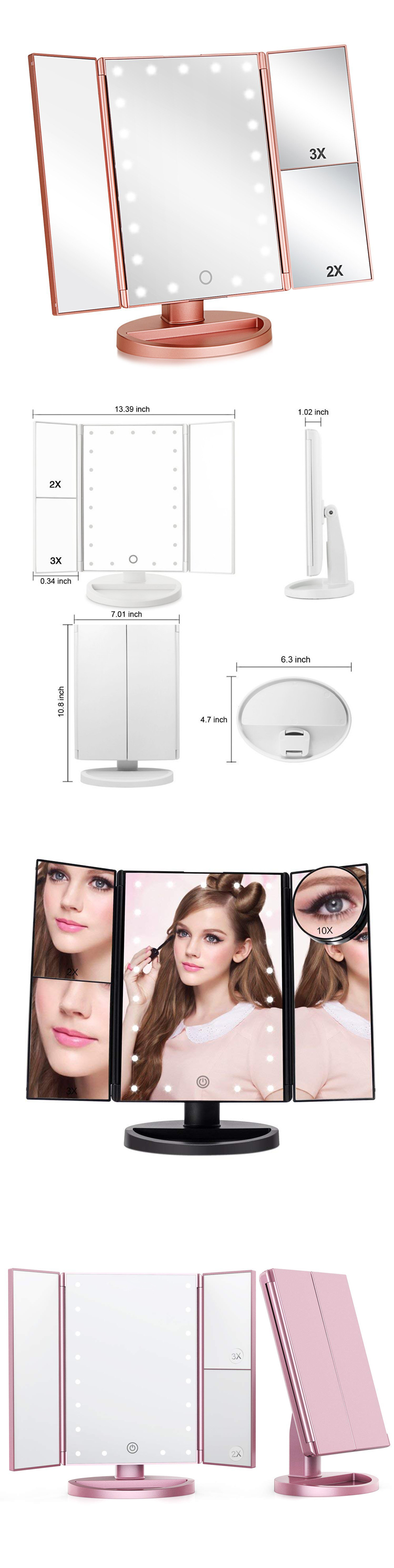 Led Lighted Travel Makeup Mirror Desktop Trifold Magnified Make Up Mirror With Lights