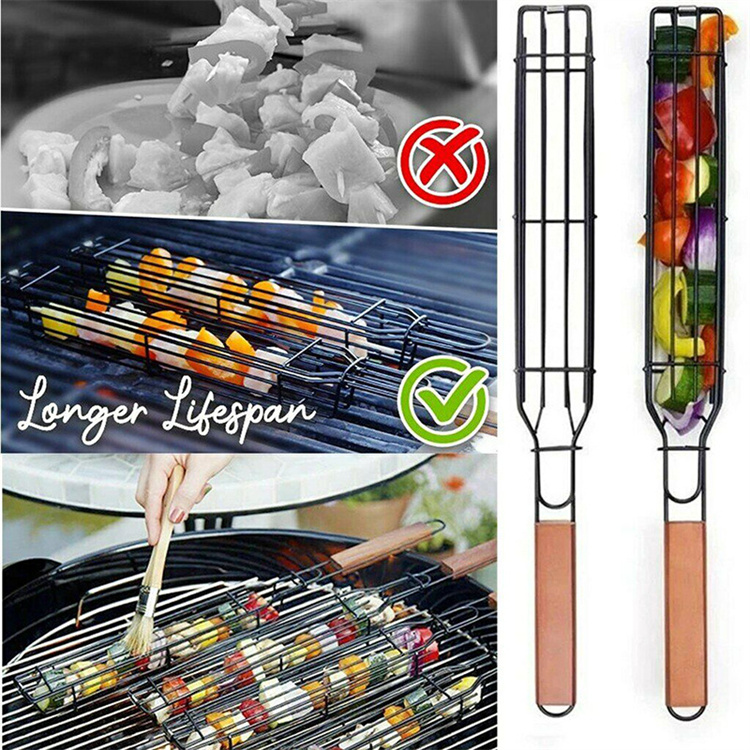 BBQ Accessories Portable Cube Grilling Basket Outdoor Custom Grill Net with Wood Handle Barbecue Accessories