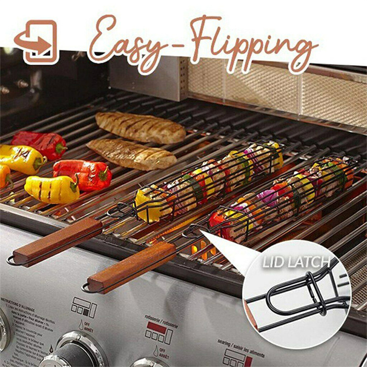 BBQ Accessories Portable Cube Grilling Basket Outdoor Custom Grill Net with Wood Handle Barbecue Accessories