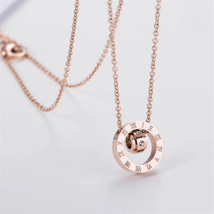Simple Zircon Necklace Temperament Stainless Steel Double Ring Rose Gold Choker Necklace