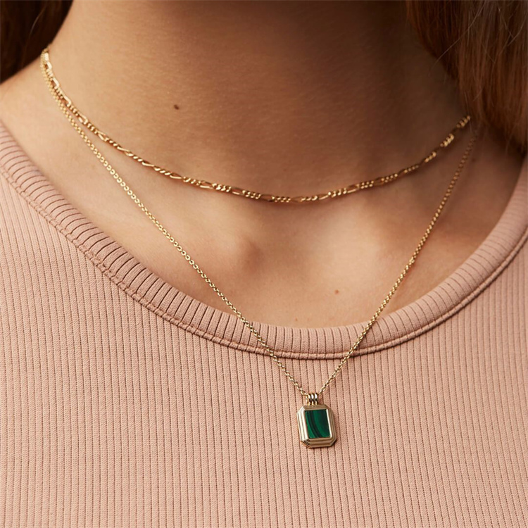 Double Layered Turquoise Necklace TEMPLE GREEN Square Pendant Stainless Steel Necklace