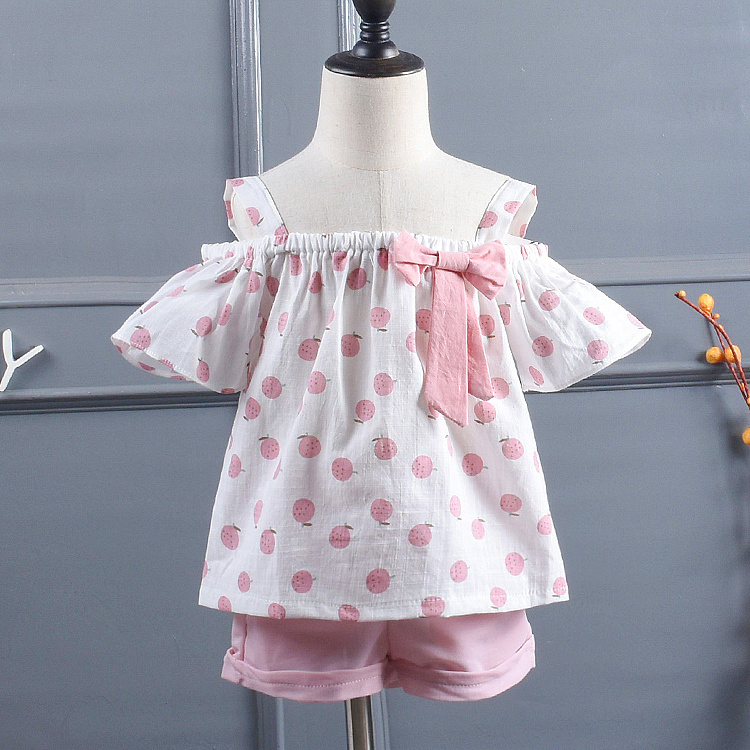 Latest design washed cotton Fruit apple printing high quality cute girls' clothing sets
