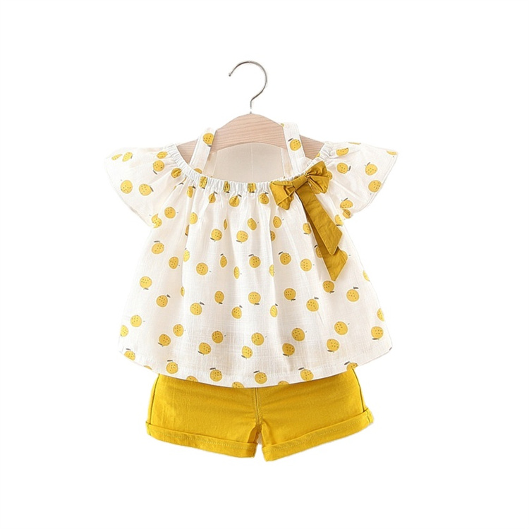 Latest design washed cotton Fruit apple printing high quality cute girls' clothing sets