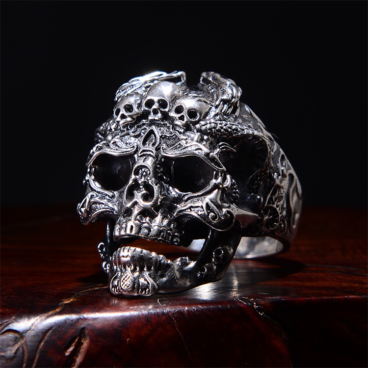 Ring wholesale hot sale men rings retro punk double dragon pattern skull ring