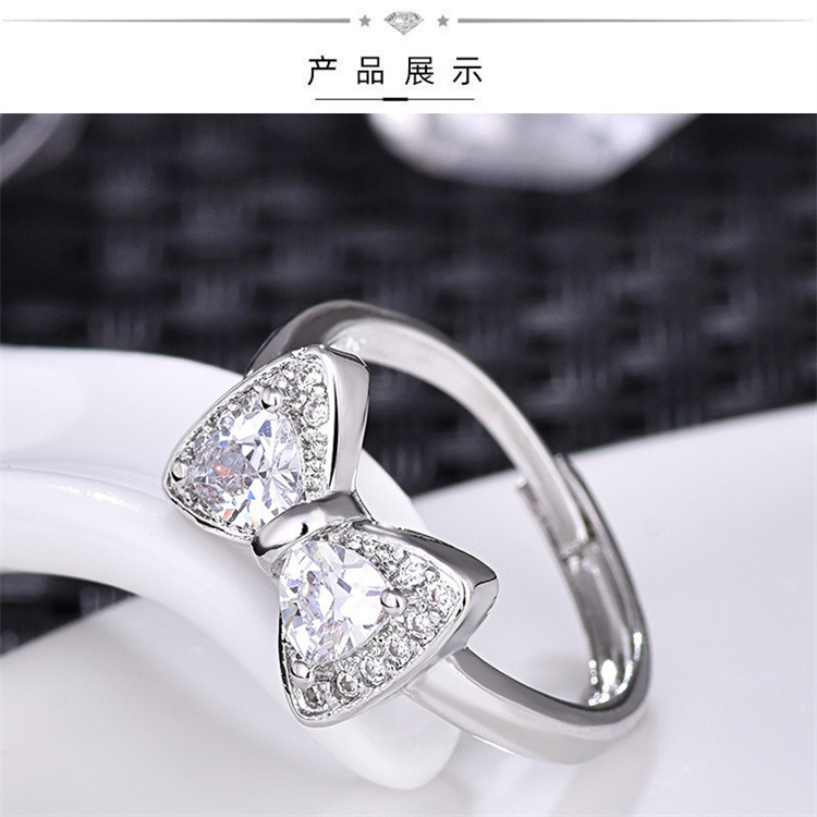 INS Simple Sweet White Gold Bow Ring Women's Shiny Diamond Ring