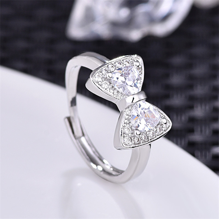 INS Simple Sweet White Gold Bow Ring Women's Shiny Diamond Ring