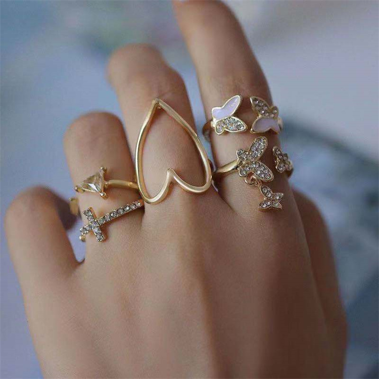 Delicate Cross Geometric Ring Cutout Butterfly Ring Rhinestone Heart 5 Piece Ring Set