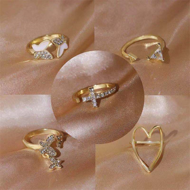 Delicate Cross Geometric Ring Cutout Butterfly Ring Rhinestone Heart 5 Piece Ring Set