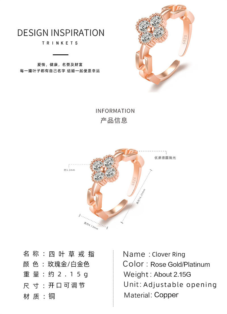 Sweet Zircon Ring Delicate Design Clover Ring Adjustable Ring for Women