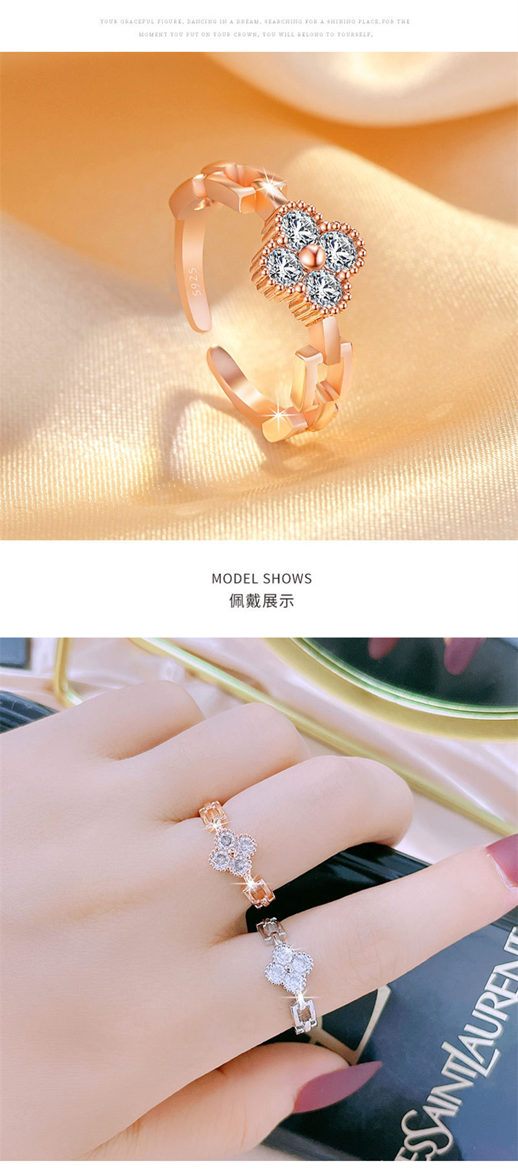 Sweet Zircon Ring Delicate Design Clover Ring Adjustable Ring for Women