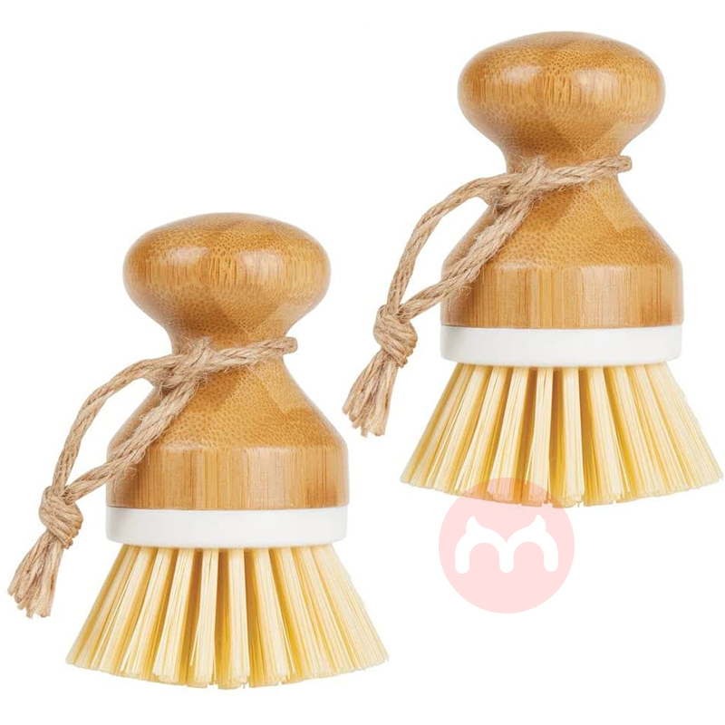 CY Kitchen Short Handle Bamboo Wood Round Brown and White Dish Sisal Brush for Kitchen Bathroom Household Cleaning