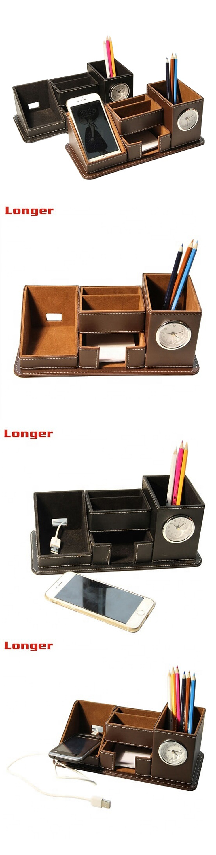 Multi-functional Handmade PU Leather Office Gift Desk Organizer With Clock 