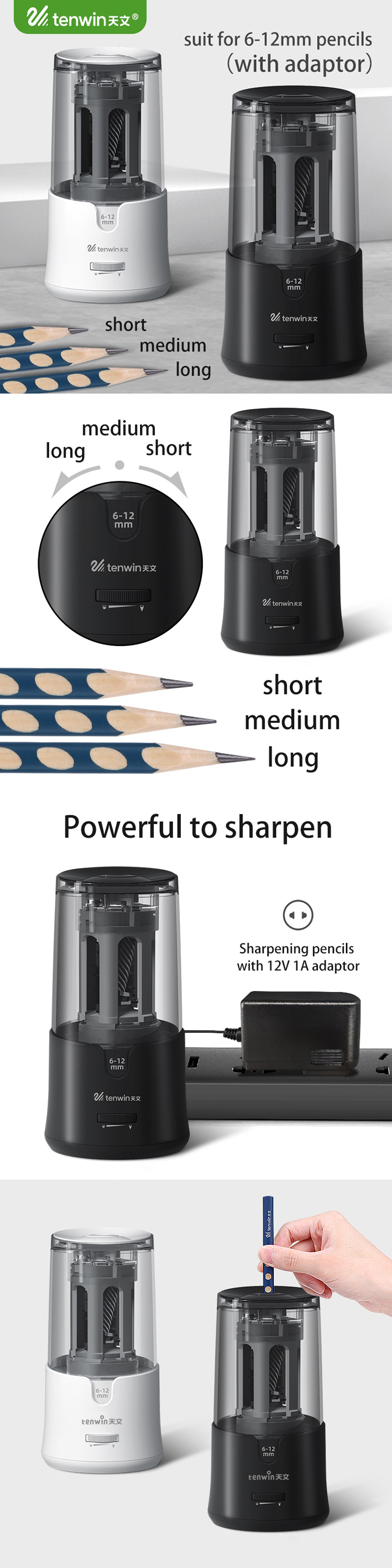 Tenwin High Quality Heavy-Duty Easy To Operate Apply To 6-12mm Electric Pencil Sharpener
