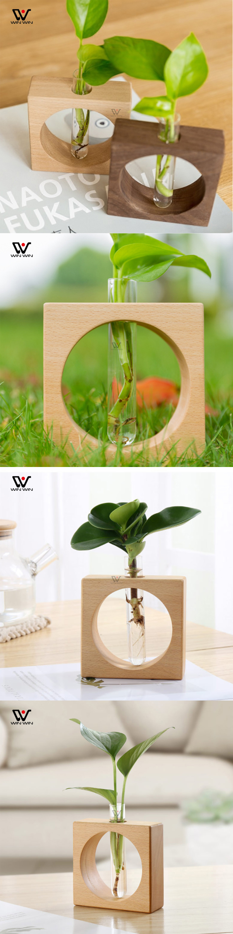 Winwin Glass Office Tabletop Flower Vase Hydroponic Plant Home Decor Wooden Rack Test Tube Mini Vases