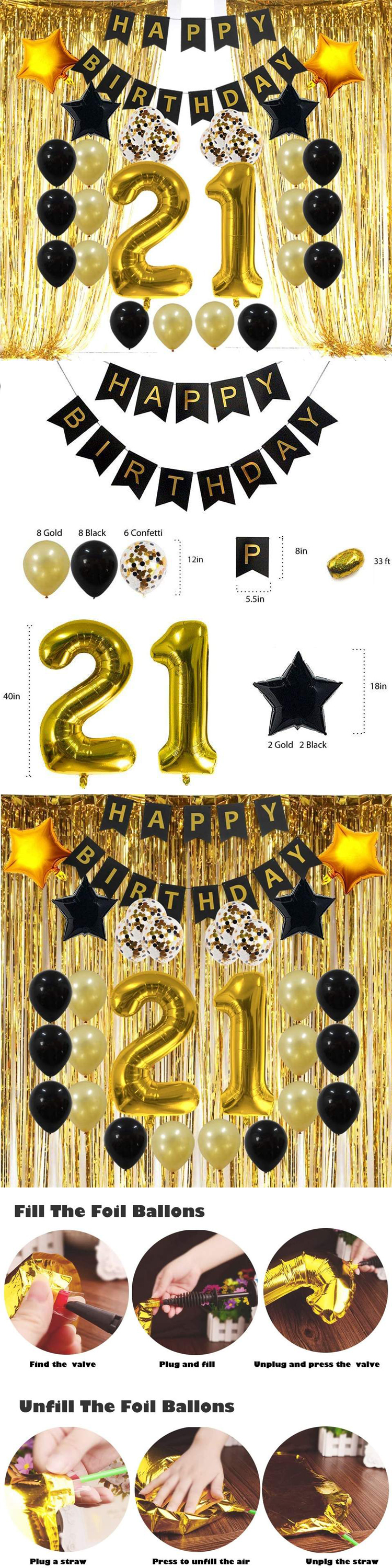 PAFU Gold And Black 21th Birthday Party Supplies Happy Birthday Banner Confetti Balloons Foil Curtain Birthday Decoratio